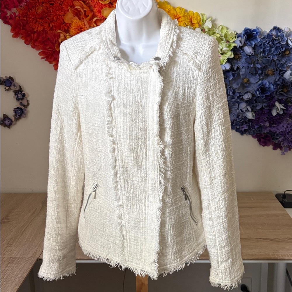 Carolina Belle Montreal White Edgy Tweed Frayed Trim Moto Jacket Blazer - Picture 8 of 13